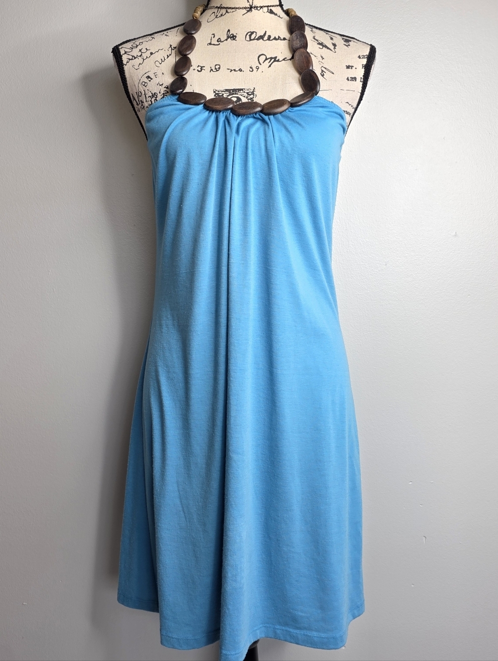 Y2k L8ter Bohemian Blue Halter Dress Wood Beaded Neckline L
